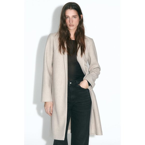 Zara Jackets & Blazers - Zara Lapel Collar Felt Texture Coat Womens S Open Front Long Sleeve Sand NEW